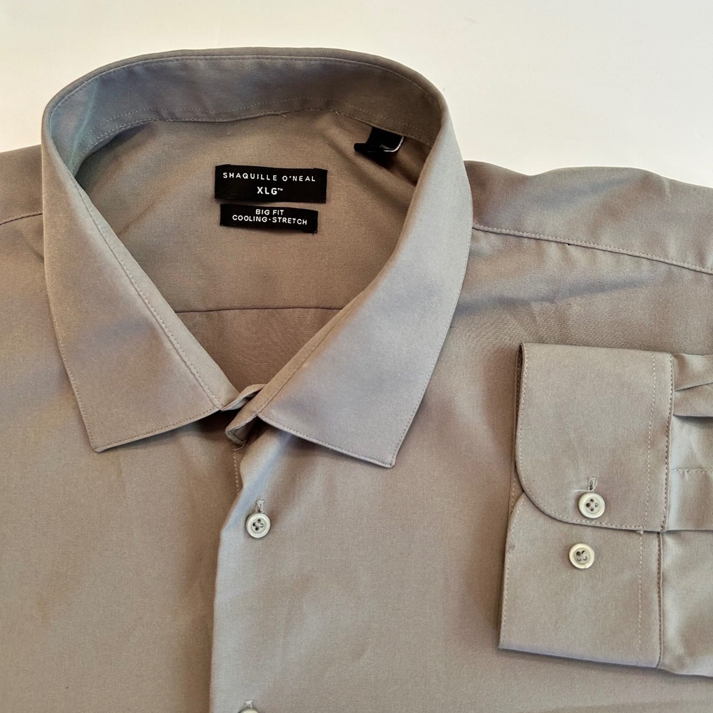 Shaquille O'Neal Mens XLG Big Fit Cooling Stretch Dress Shirt Gray Long Sleeve